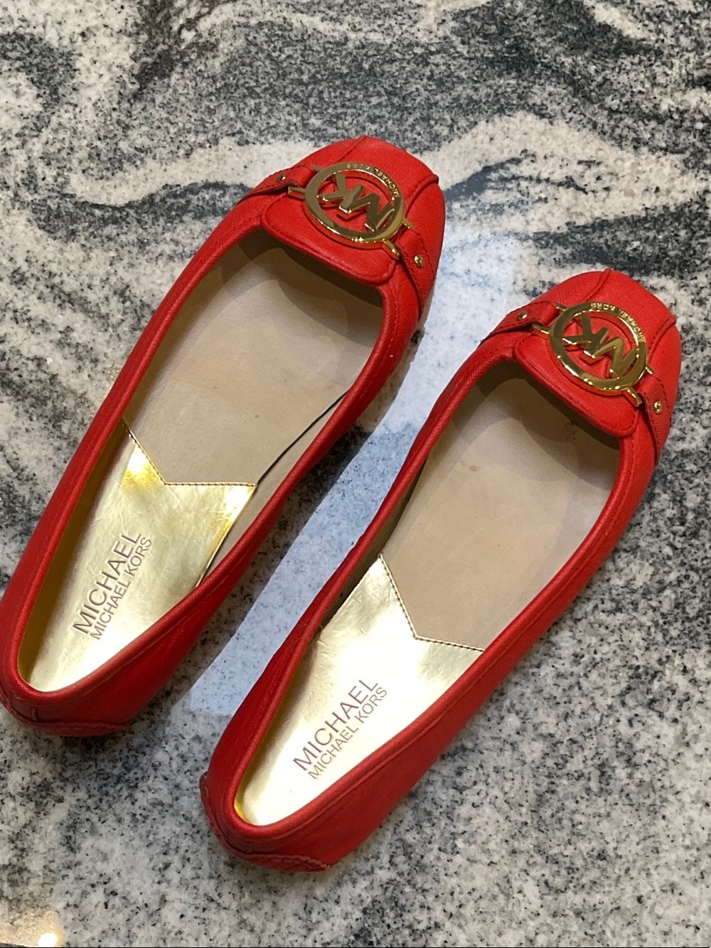 Michael Kors Red Leather Logo Moccasin Flats with Gold Hardware